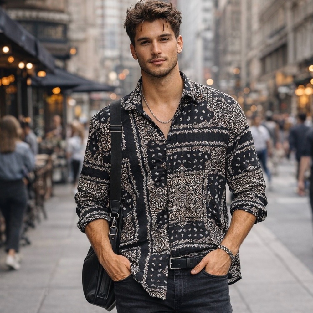 Black and White Paisley Button Down Shirt